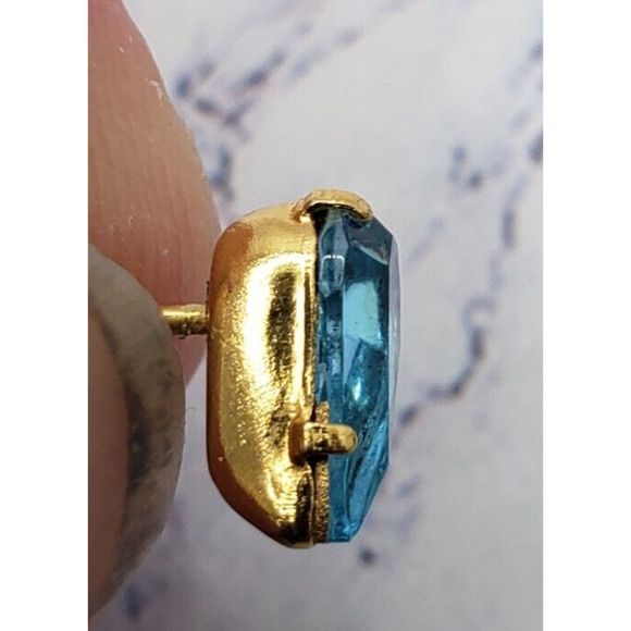 Gold Tone With Blue Gem Stone Teardrop Stud Earrings - Picture 6 of 7